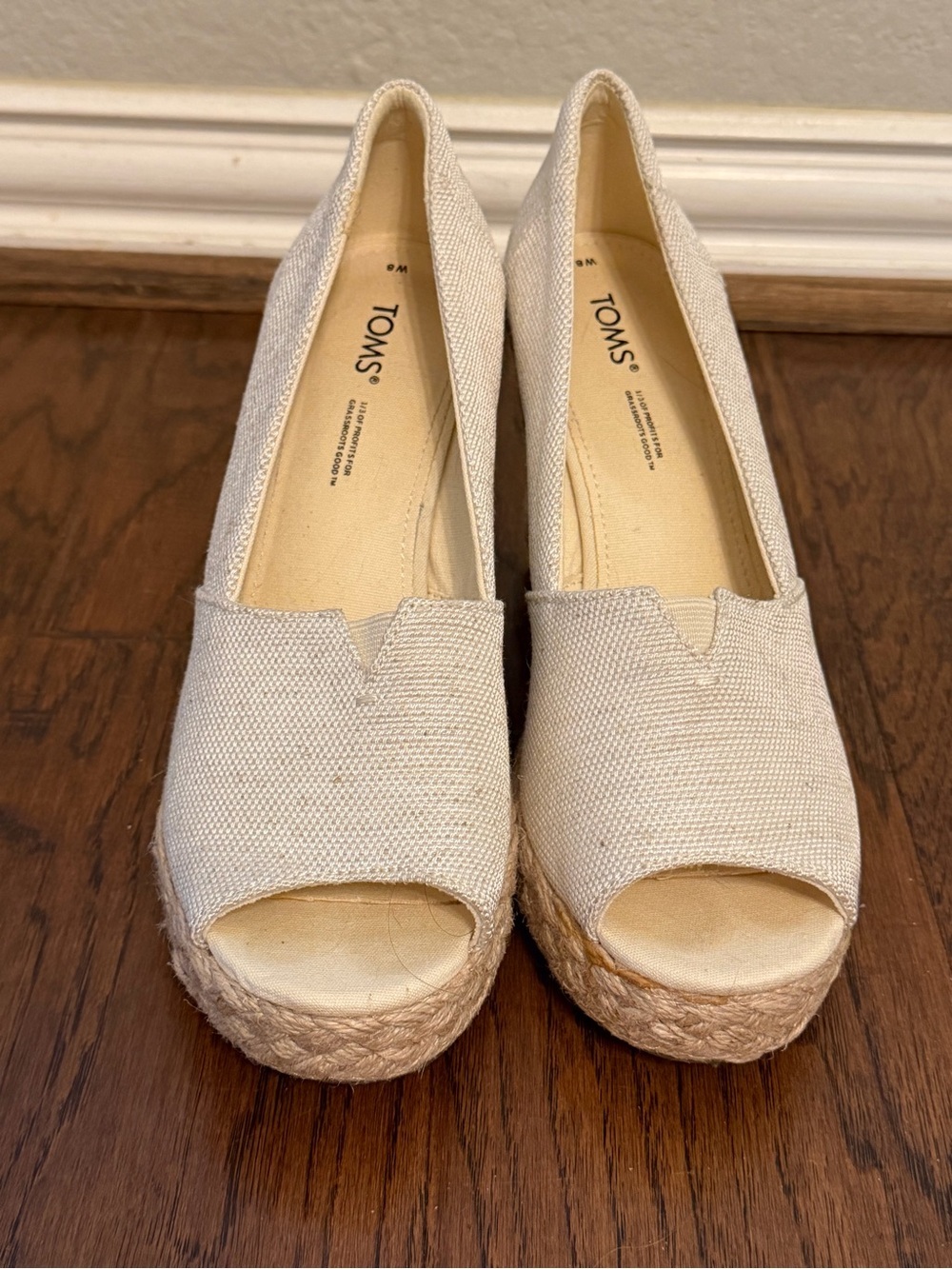 TOMS Michelle Natural Canvas Espadrille Open Toe Wedge Sandals Size 8